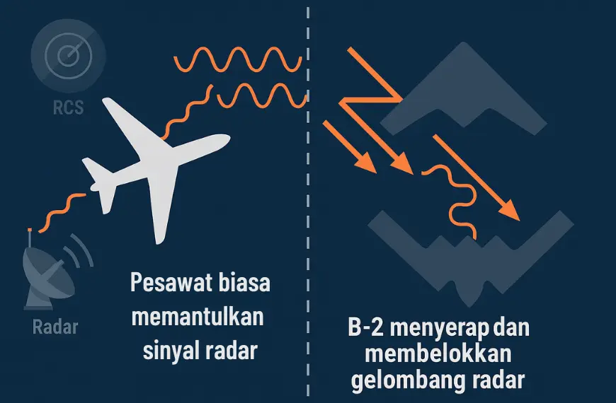 Infografik perbandingan pesawat biasa dengan pesawat siluman B-2 Spirit dalam menghadapi deteksi radar