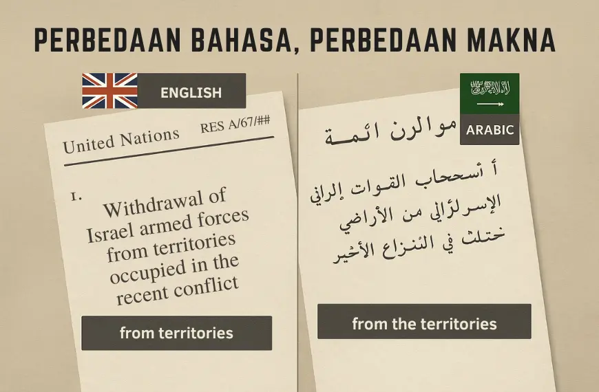 Visual perbandingan bahasa Resolusi PBB 242 antara versi Inggris dan Arab dengan highlight frasa “from territories”