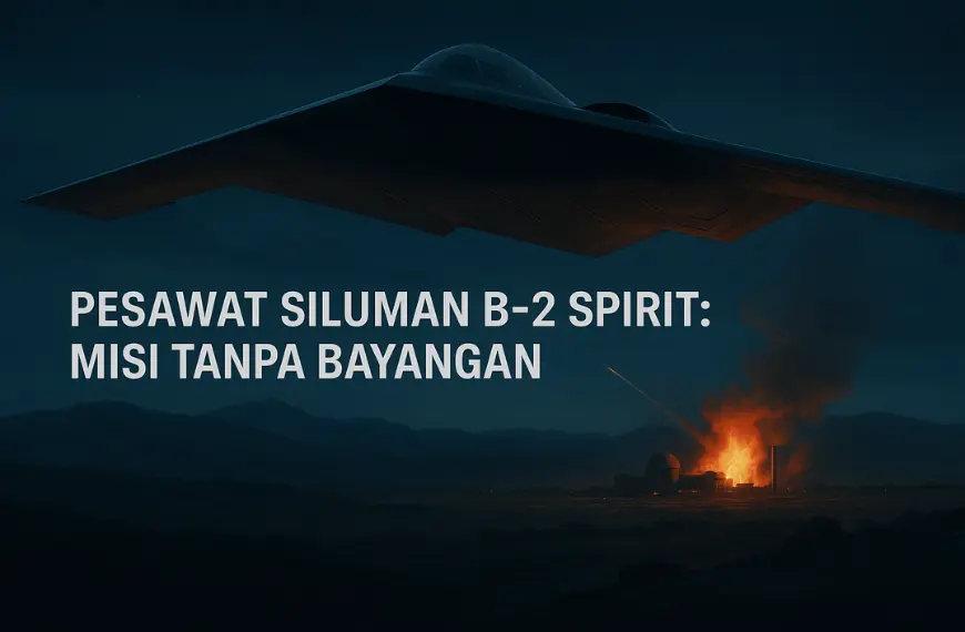 Ilustrasi pesawat siluman B-2 Spirit melintas di atas fasilitas nuklir Iran yang terbakar pada malam hari