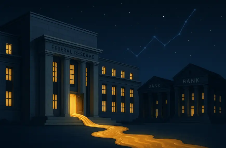 Ilustrasi metaforis stealth liquidity backdoor menunjukkan aliran uang emas dari Federal Reserve ke bank-bank besar di malam hari