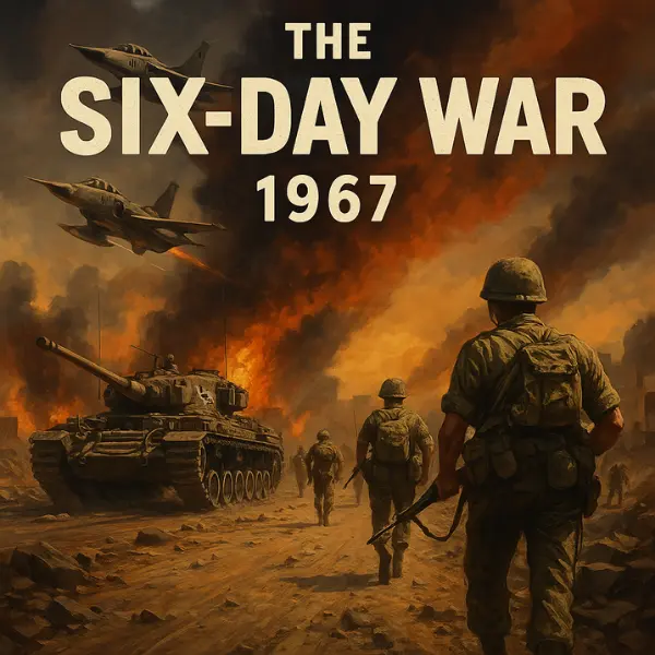 Ilustrasi visual dramatis tentara dan jet tempur dalam Perang Enam Hari 1967