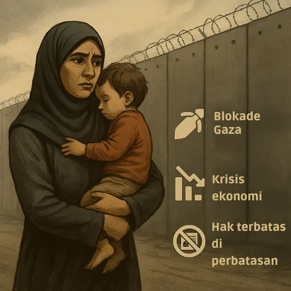 Seorang ibu Palestina berjalan dengan anak kecil melewati tembok pemisah dalam konflik Palestina Israel