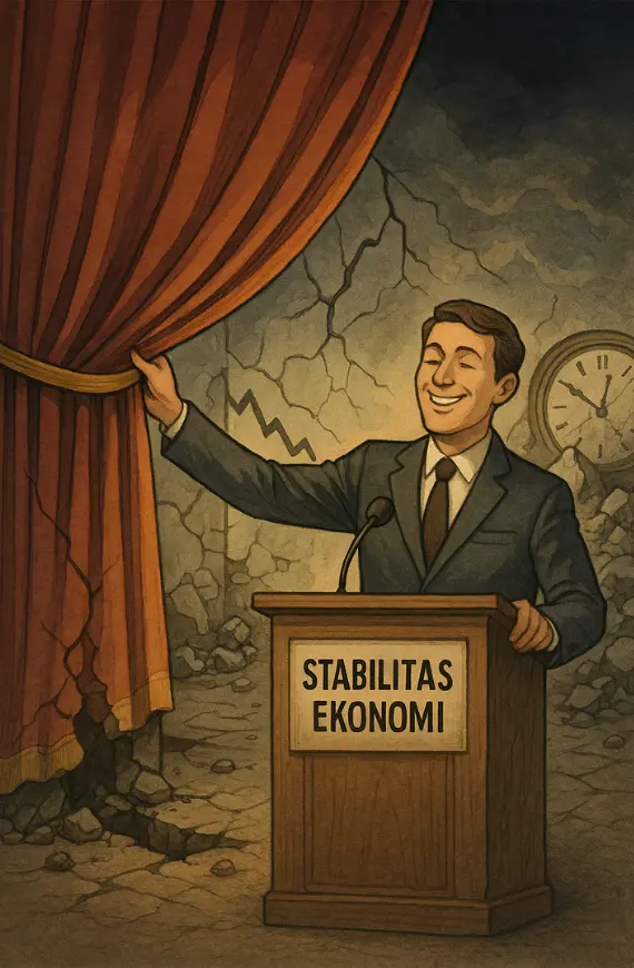 Ilustrasi konsep stealth liquidity backdoor memperlihatkan tirai stabilitas ekonomi yang menutupi kehancuran sistem keuangan