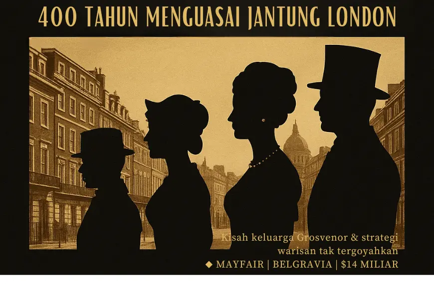 Ilustrasi siluet keluarga Grosvenor dengan latar kawasan elit Mayfair London