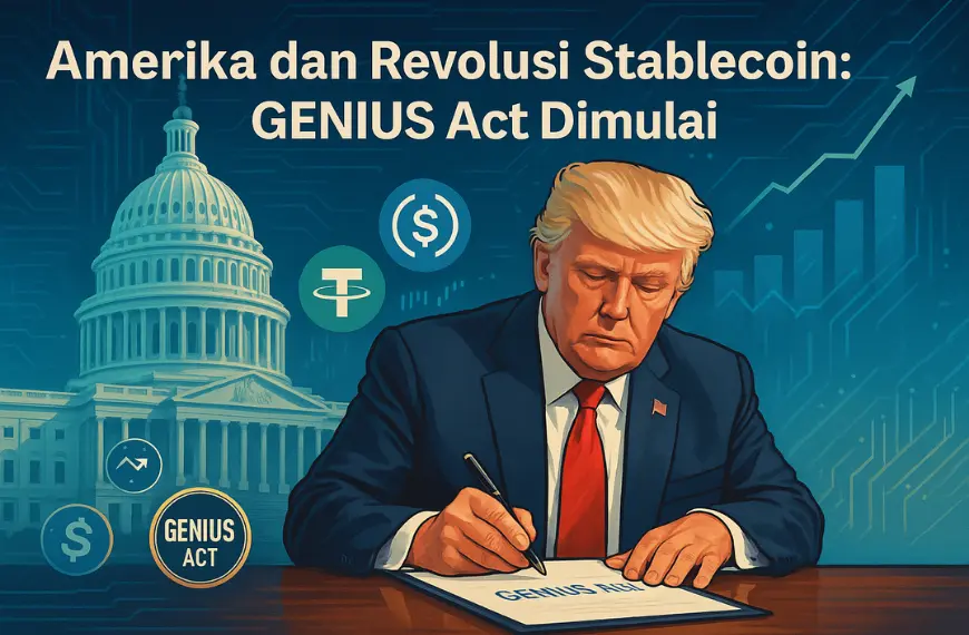 Ilustrasi Presiden Trump menandatangani GENIUS Act di depan Gedung Capitol sebagai simbol dominasi Amerika di era stablecoin digital.
