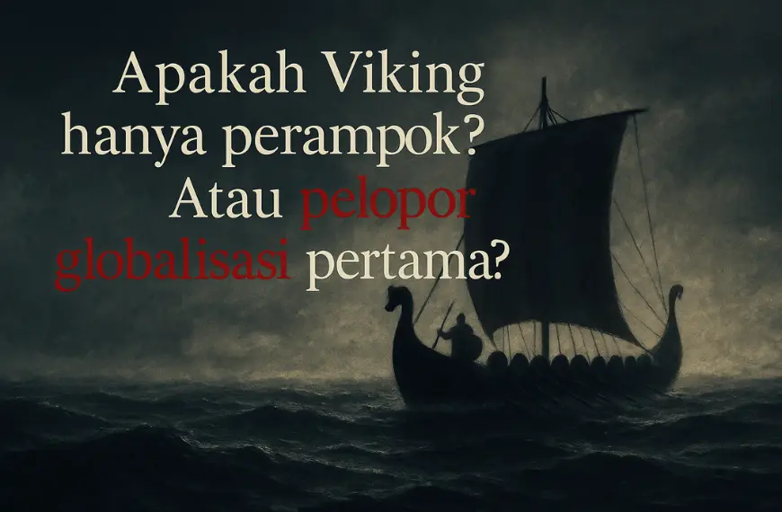 Siluet kapal longship Era Viking di tengah badai dengan teks pertanyaan tentang globalisasi