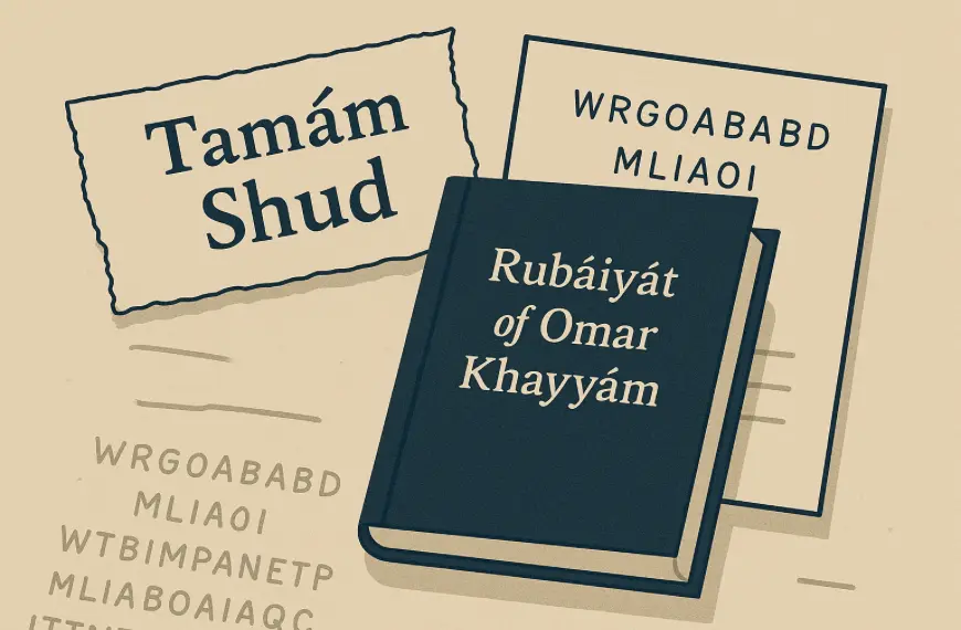 Potongan kertas bertuliskan Tamám Shud dan buku Rubáiyát milik Somerton Man