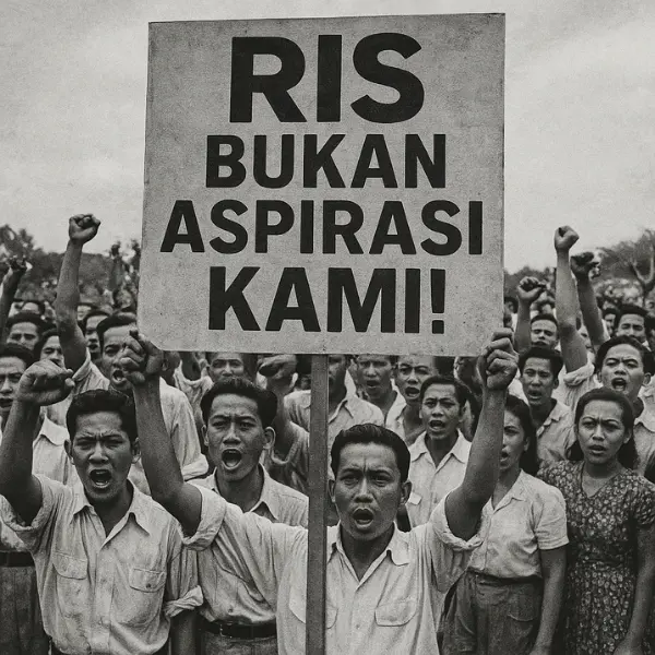 Poster demonstrasi rakyat menolak Republik Indonesia Serikat dengan tulisan “RIS Bukan Aspirasi Kami!”