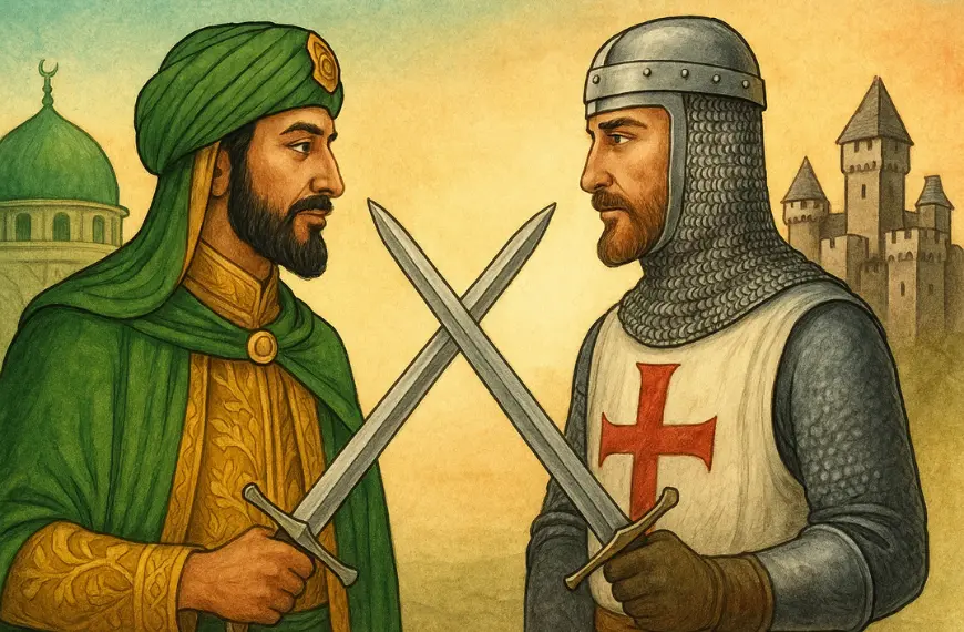 Ilustrasi Saladin dan Richard si Hati Singa dalam kontras budaya dengan pedang disilangkan