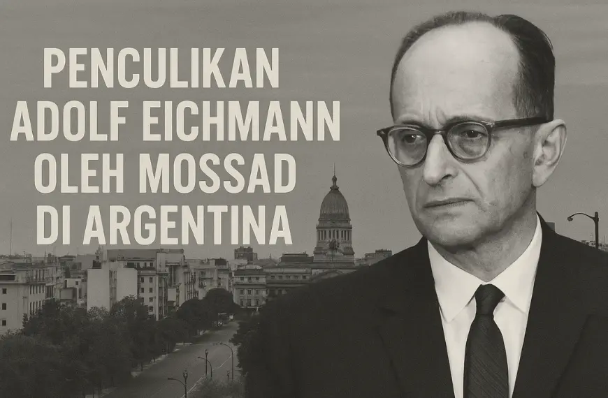 Potret Adolf Eichmann dan latar kota Buenos Aires dalam artikel penculikan Eichmann oleh Mossad di Argentina