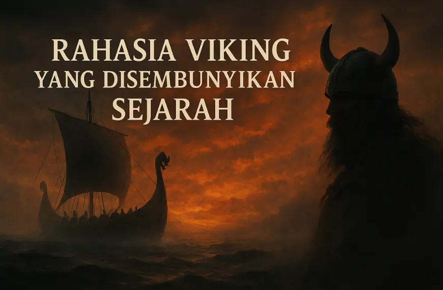 Rahasia Viking dengan kapal longship di tengah laut berkabut dan siluet prajurit Viking