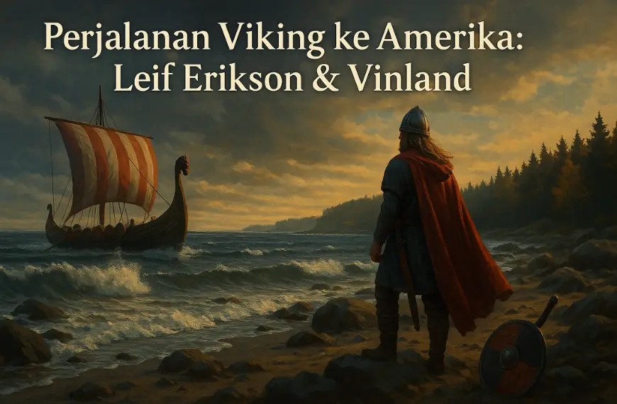 Ilustrasi realistis Leif Erikson di pantai Vinland dengan kapal Viking, menggambarkan Perjalanan Viking ke Amerika
