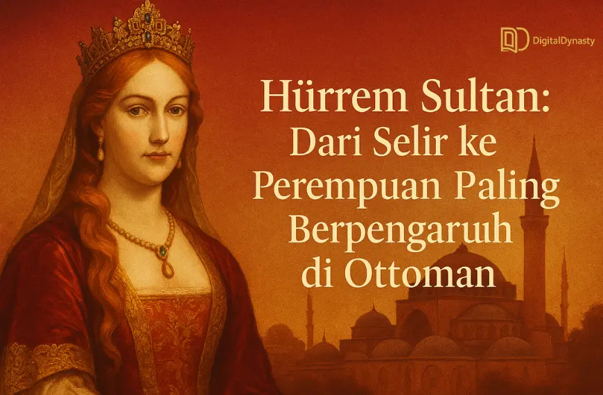 Potret Hürrem Sultan dengan latar istana Topkapi dan kubah masjid Ottoman, warna emas dan merah marun