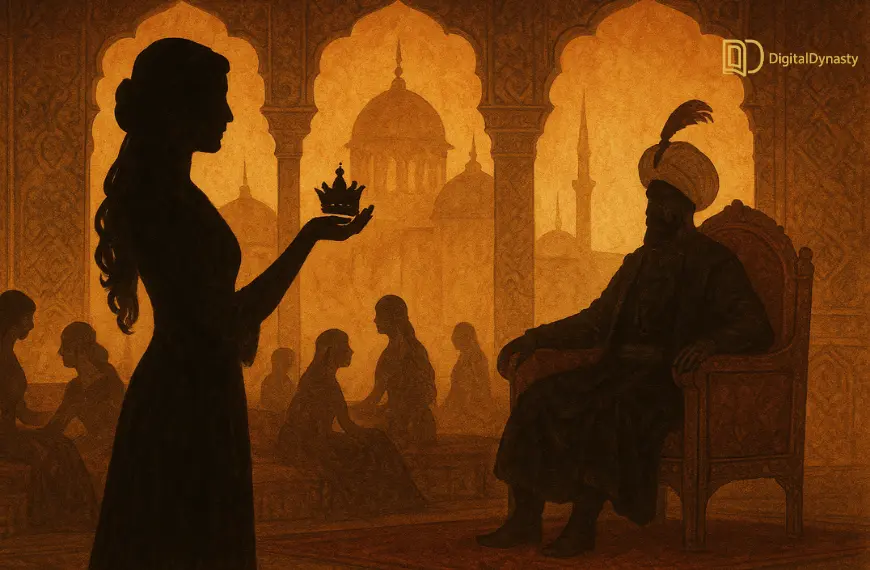 Siluet Hürrem Sultan memegang mahkota di hadapan Sultan Suleiman dalam ilustrasi harem Ottoman