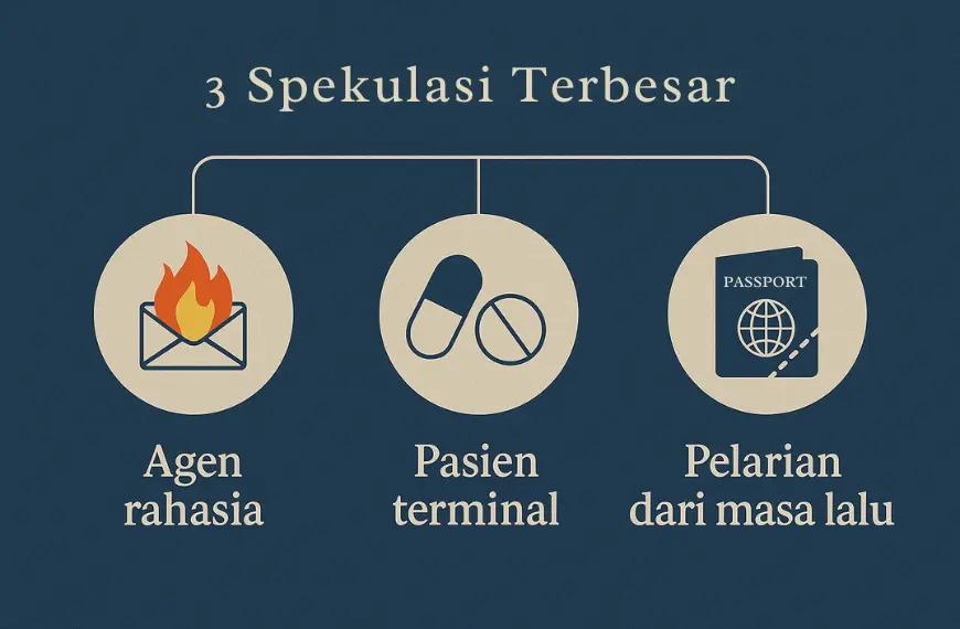 Infografik tiga spekulasi Misteri Peter Bergmann: agen rahasia, pasien terminal, dan pelarian masa lalu