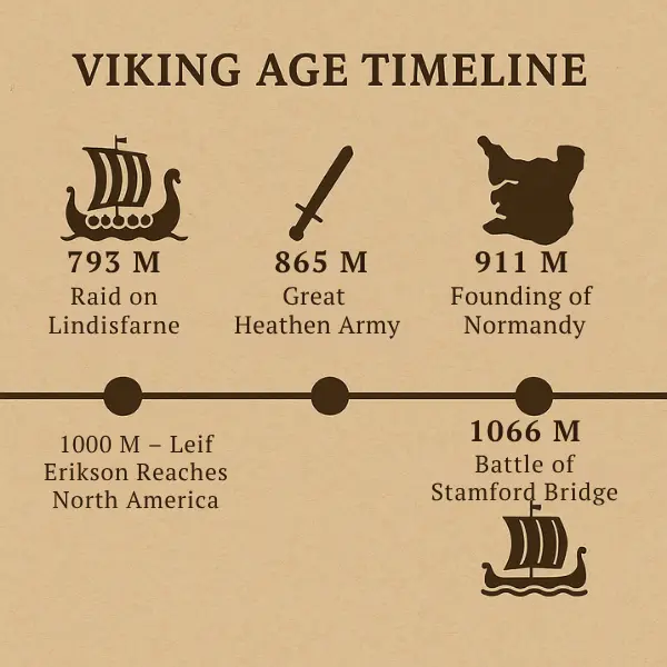 Infografik rahasia Viking menampilkan timeline dari 793 M hingga 1066 M