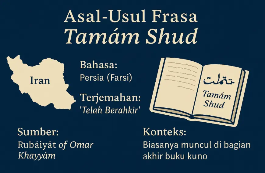 Infografik tentang asal-usul Tamám Shud dalam bahasa Persia dan kaitannya dengan buku Rubáiyát