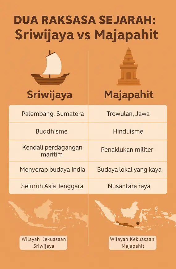 Perbandingan visual sejarah Nusantara antara Sriwijaya dan Majapahit dalam aspek kekuasaan, agama, budaya, dan pengaruh