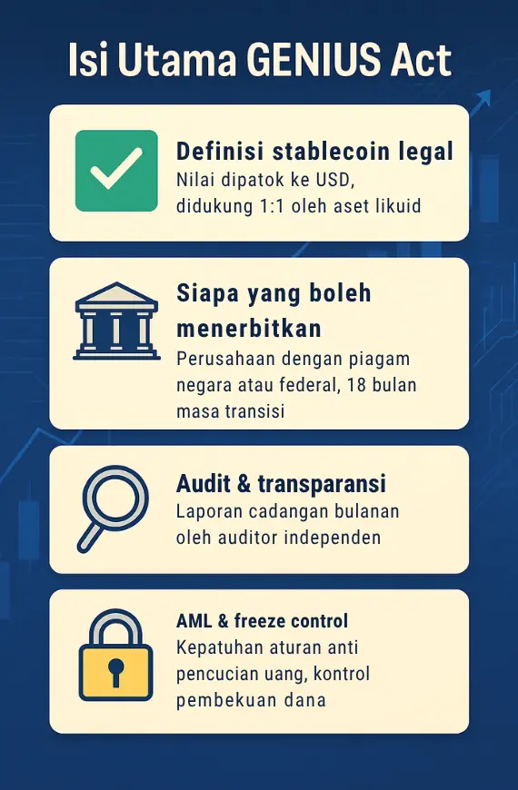 Infografik empat poin utama dari GENIUS Act yang mengatur stablecoin legal, penerbitan, audit transparansi, dan kepatuhan AML.