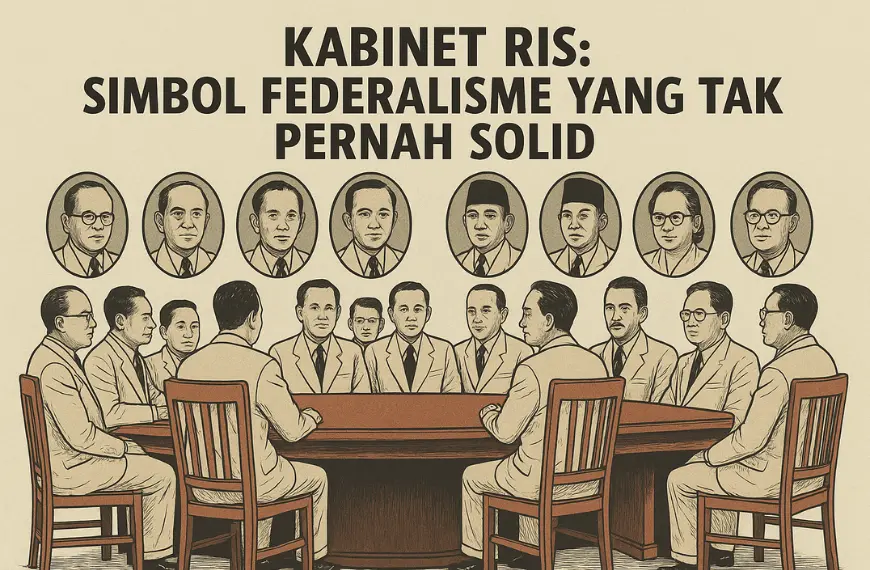 Ilustrasi kabinet Republik Indonesia Serikat dengan para menteri mengelilingi meja bundar