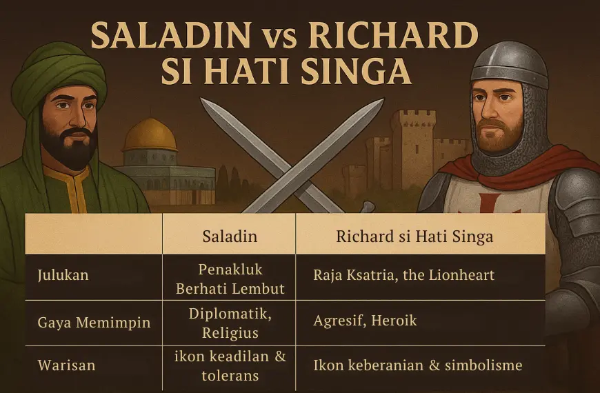 Infografik perbandingan karakter Saladin dan Richard si Hati Singa berdasarkan asal, julukan, gaya memimpin, dan warisan