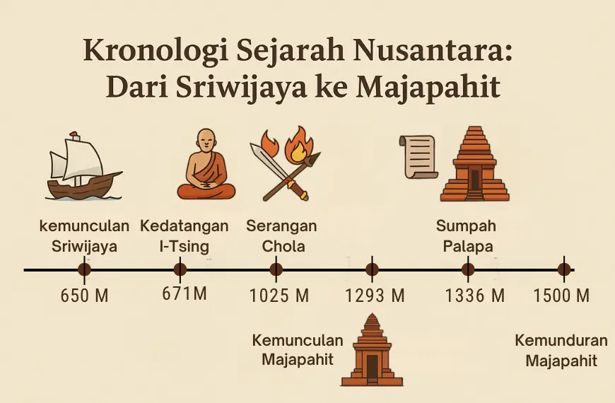 Linimasa sejarah Nusantara dari kemunculan Sriwijaya hingga kemunduran Majapahit lengkap dengan simbol peristiwa penting
