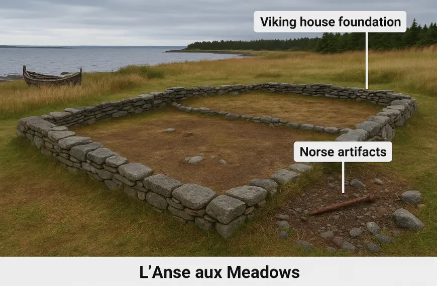 Foto situs L’Anse aux Meadows menampilkan pondasi rumah Viking dan artefak Norse, bukti Perjalanan Viking ke Amerika