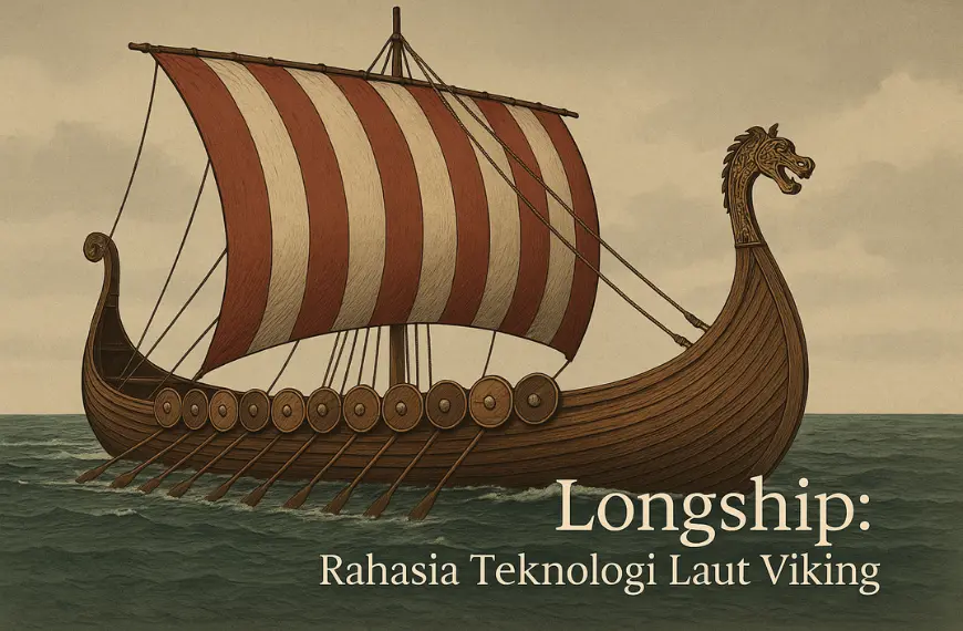 Gambar realistis longship Era Viking dengan naga di haluan, dayung, dan layar merah-putih