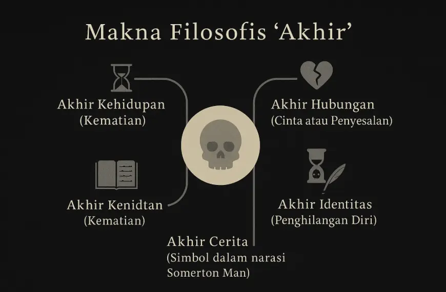 Mindmap visual makna Tamám Shud yang meliputi kematian, cinta, identitas, dan narasi