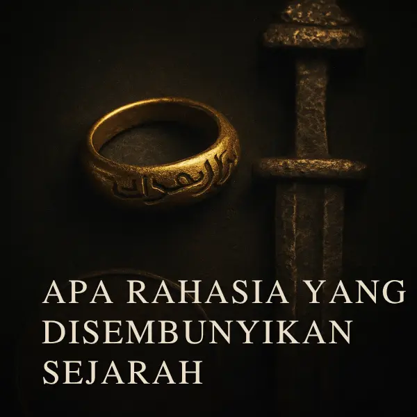 Artefak emas bertuliskan Arab dan pedang dari Era Viking dengan latar gelap dramatis
