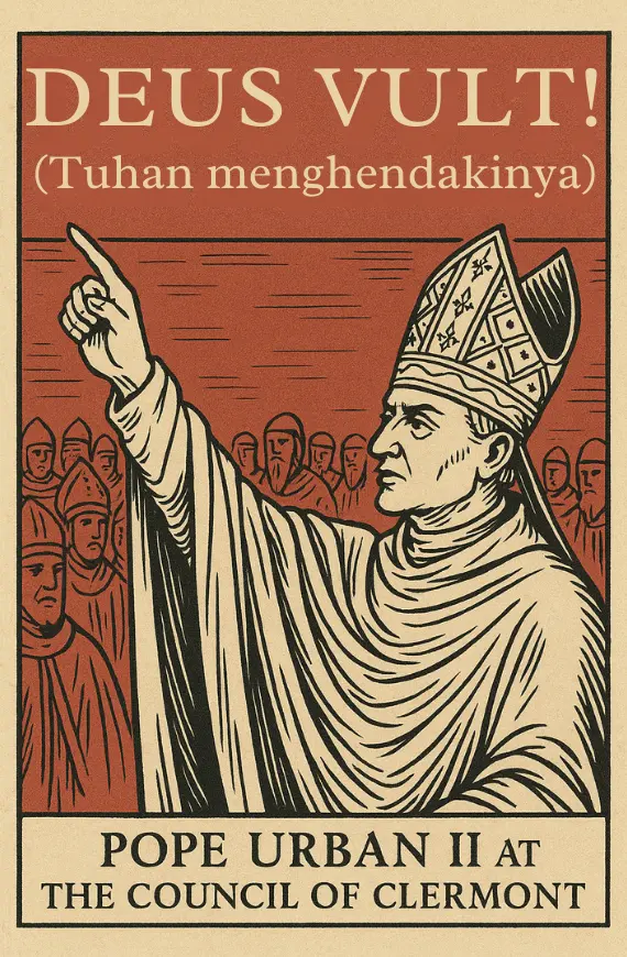 Ilustrasi Paus Urbanus II di Konsili Clermont menyerukan “Deus Vult” sebagai awal Perang Salib Pertama