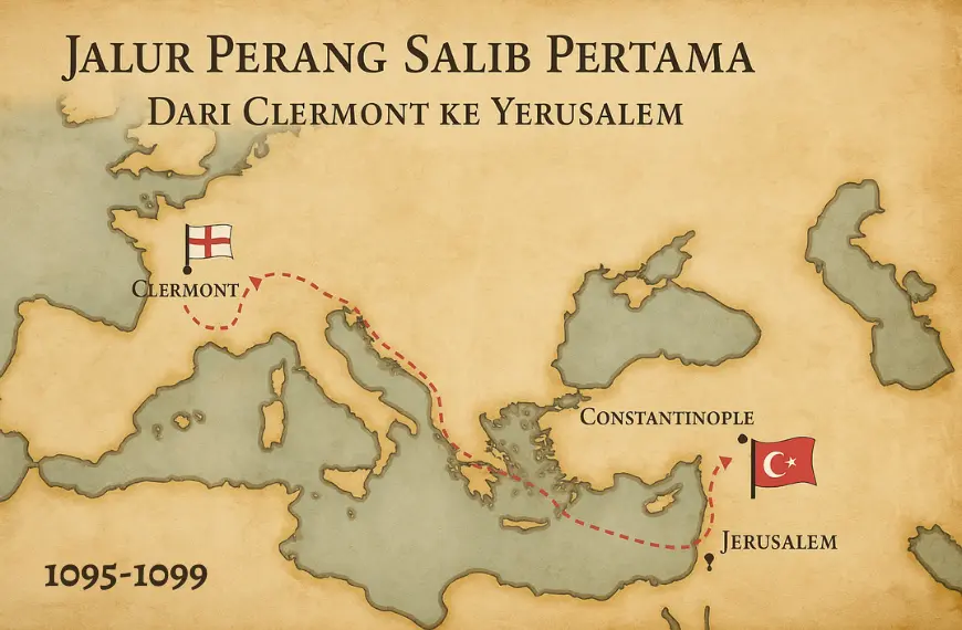 Peta rute Perang Salib Pertama dari Prancis dan Jerman menuju Yerusalem melalui Bizantium dan Antiokhia