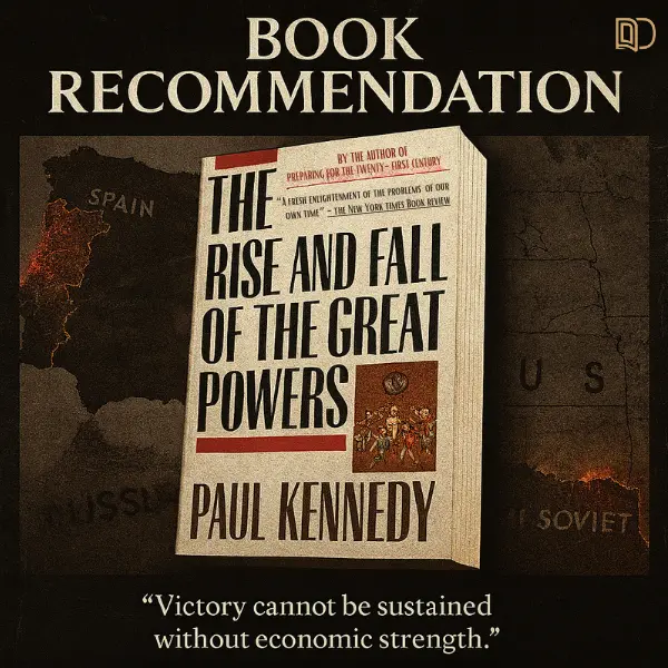 Sampul buku The Rise and Fall of the Great Powers karya Paul Kennedy dengan latar peta imperium dunia seperti Spanyol, Uni Soviet, dan AS yang retak