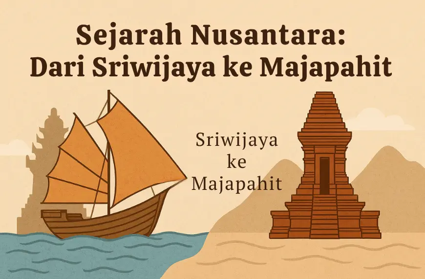 Ilustrasi sejarah Nusantara menampilkan kapal Sriwijaya dan candi Majapahit dalam satu bingkai visual dramatis