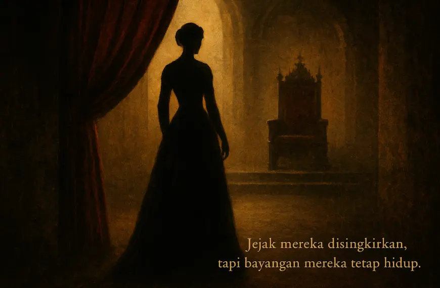 Siluet seorang selir di depan tirai dan singgasana dalam nuansa historis gelap