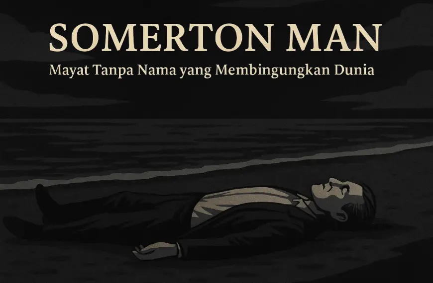 Ilustrasi Misteri Somerton Man: sosok pria tanpa identitas tergeletak di Pantai Somerton, menggambarkan kasus mayat tanpa nama yang belum terpecahkan.