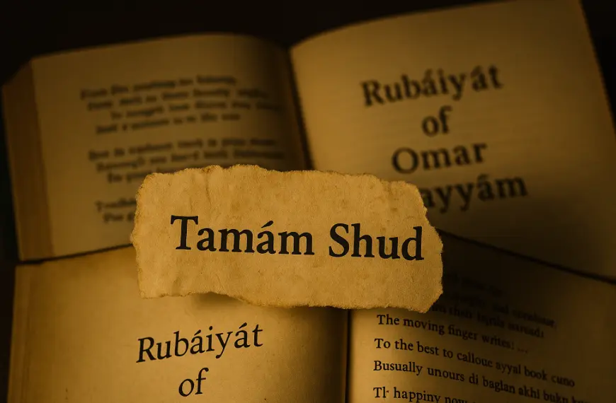 Ilustrasi kertas sobek bertuliskan Tamám Shud sebagai simbol misteri kematian Somerton Man