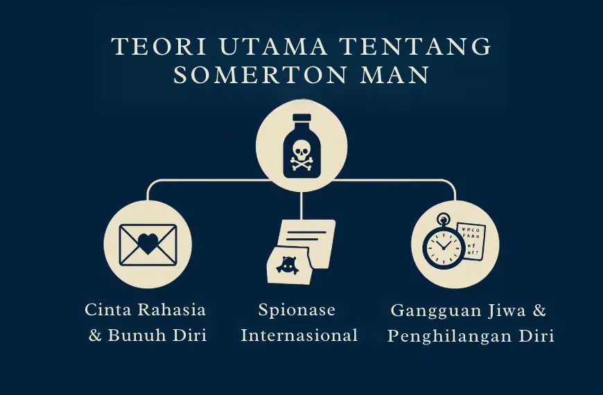 Diagram mindmap berisi teori utama tentang identitas Somerton Man