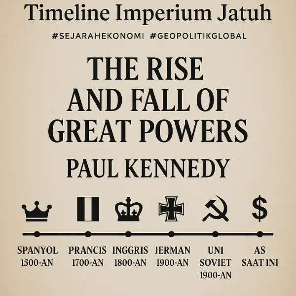 Infografik kronologis kejatuhan imperium dunia: Spanyol, Prancis, Inggris, Jerman, Uni Soviet, hingga dominasi AS menurut Paul Kennedy