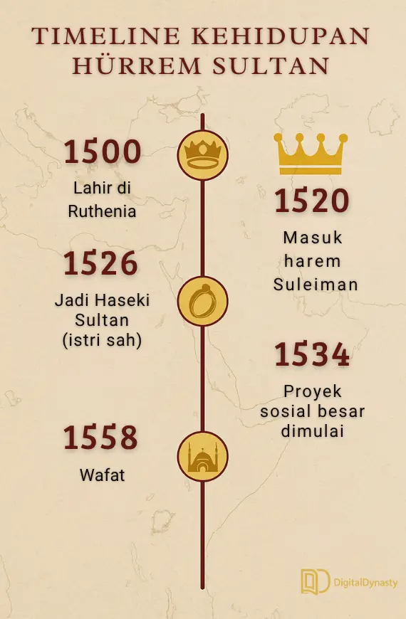 Infografik timeline Hürrem Sultan: lahir 1500, masuk harem 1520, jadi Haseki Sultan 1526, proyek sosial 1534, wafat 1558