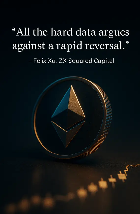 Gambar koin Ethereum bercahaya dengan kutipan dari Felix Xu tentang harga ETH
