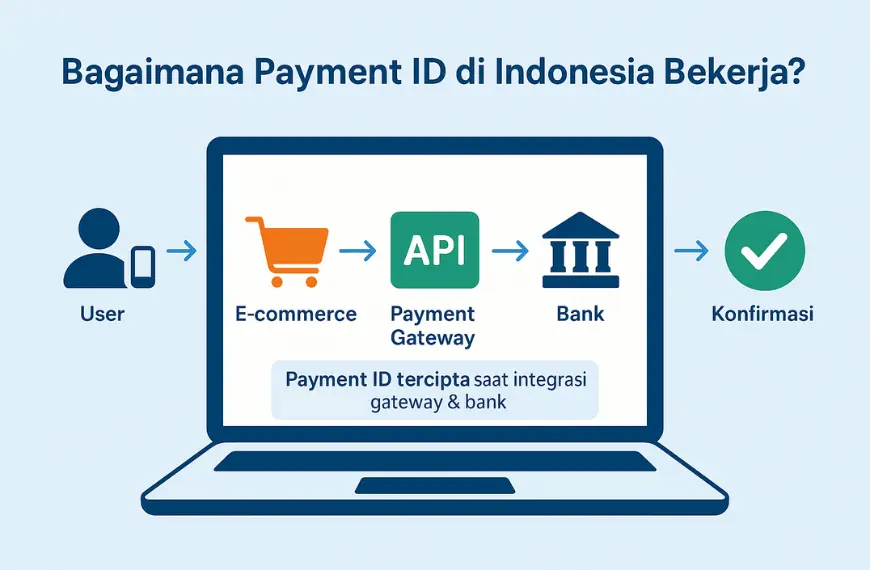Infografik alur kerja Payment ID di Indonesia, menampilkan user, e-commerce, payment gateway, bank, hingga konfirmasi transaksi.