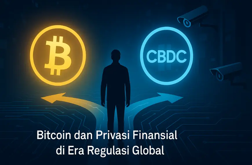 Ilustrasi Bitcoin dan privasi finansial berhadapan dengan CBDC di era regulasi global
