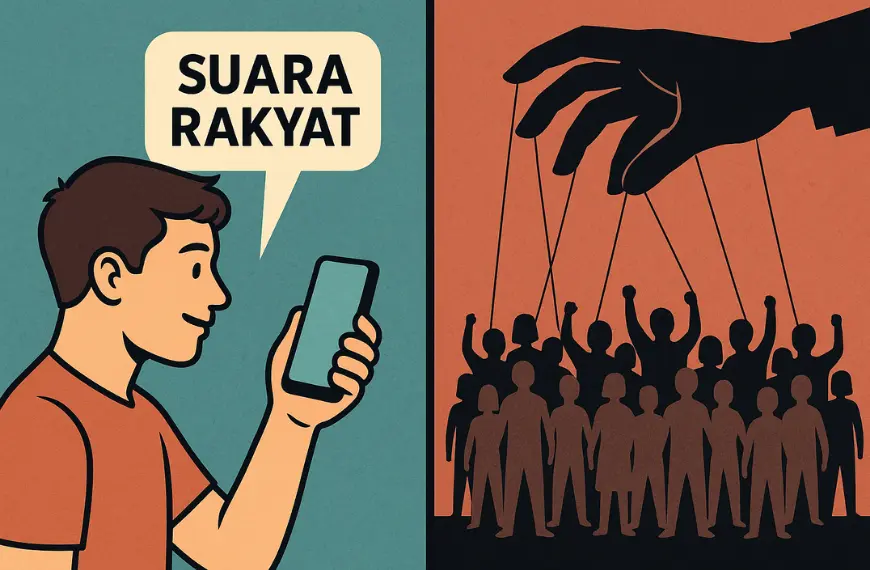Ilustrasi perbandingan demokrasi digital dan manipulasi politik dalam konteks demo 25 Agustus 2025.