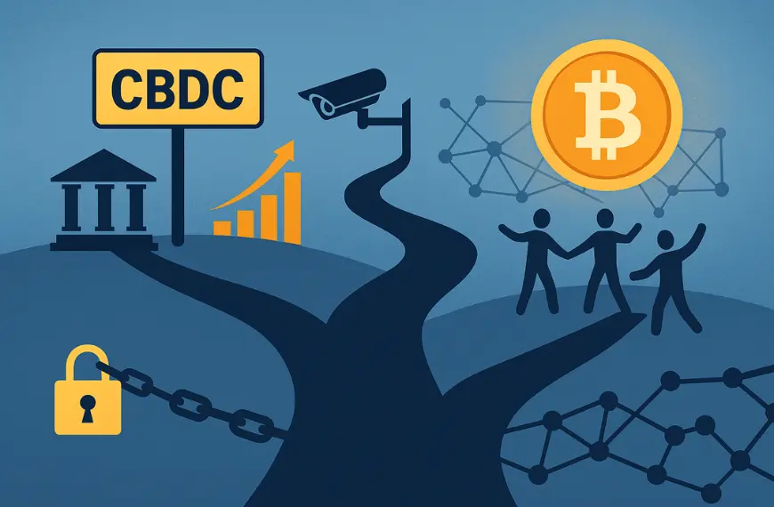 Ilustrasi Bitcoin dan privasi finansial berhadapan dengan CBDC dalam dua jalur masa depan