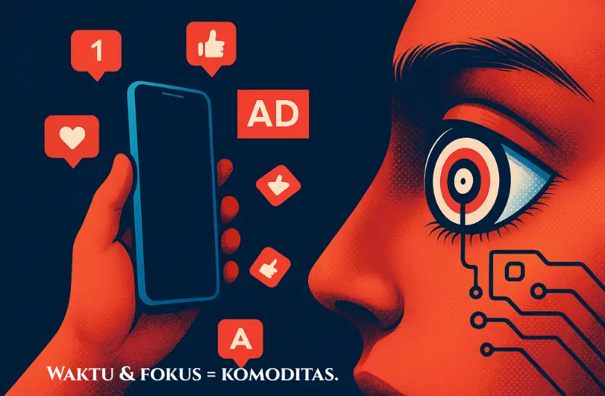 Ilustrasi smartphone dan ketergantungan digital melalui mata manusia sebagai target iklan.