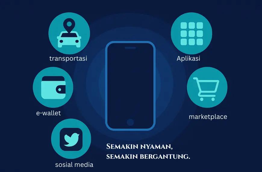 Diagram ekosistem aplikasi yang memperlihatkan smartphone dan ketergantungan digital dengan transportasi, e-wallet, sosial media, dan marketplace.