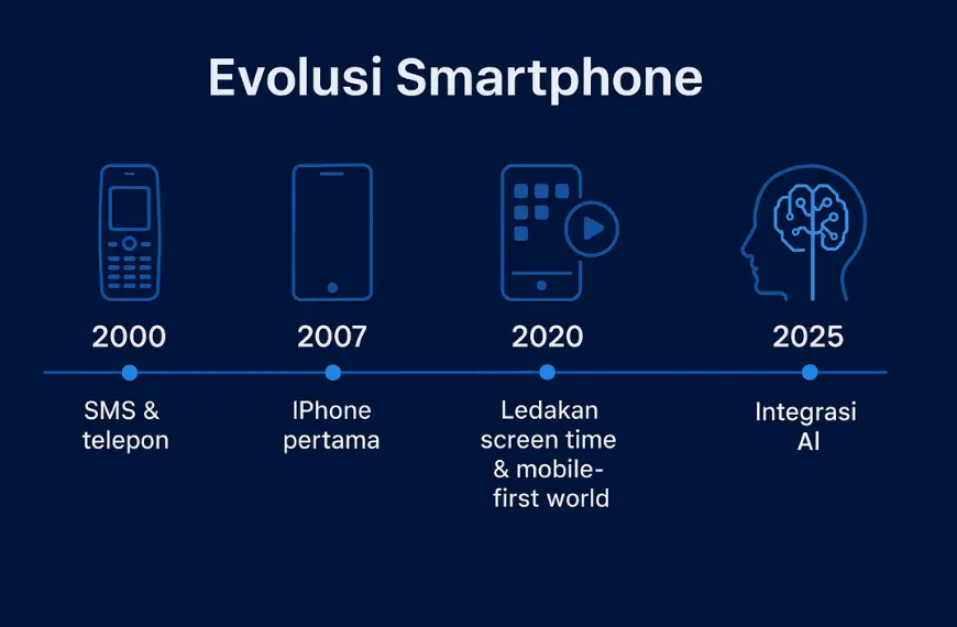 Infografik evolusi smartphone dan ketergantungan digital dari SMS tahun 2000 hingga integrasi AI 2025.