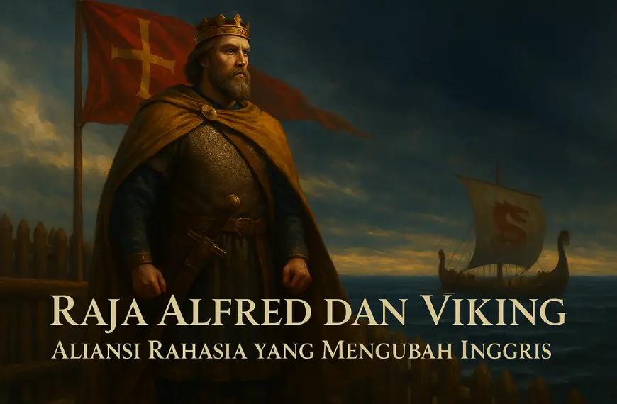 Raja Alfred dan Viking berdiri di benteng Wessex dengan kapal Viking di kejauhan
