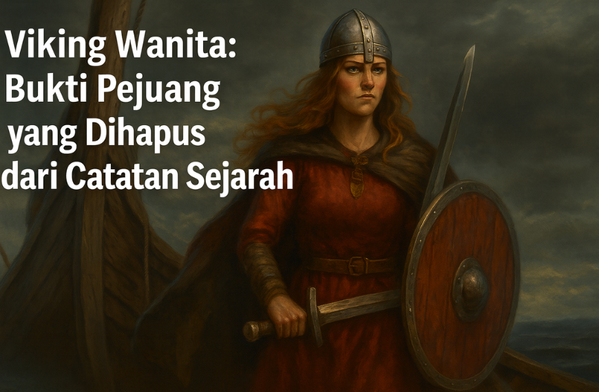 Ilustrasi realistis Viking Wanita: Bukti Pejuang yang Dihapus dari Catatan Sejarah di atas kapal Viking bersenjata lengkap.